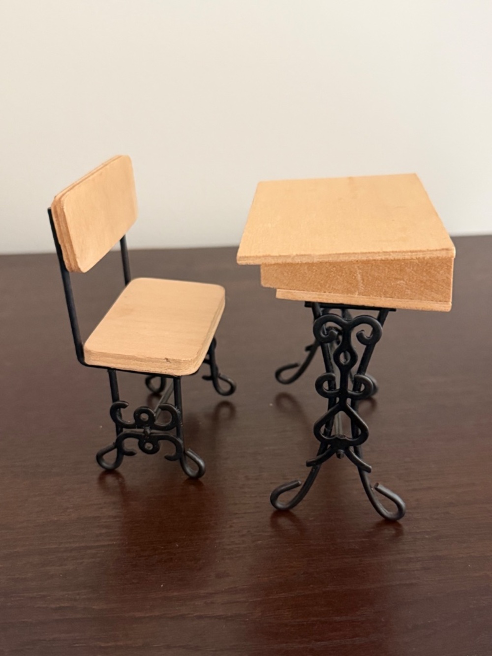 Dollhouse Miniatures Vintage Style Wood & Black Scroll Metal School Desk & Chair
